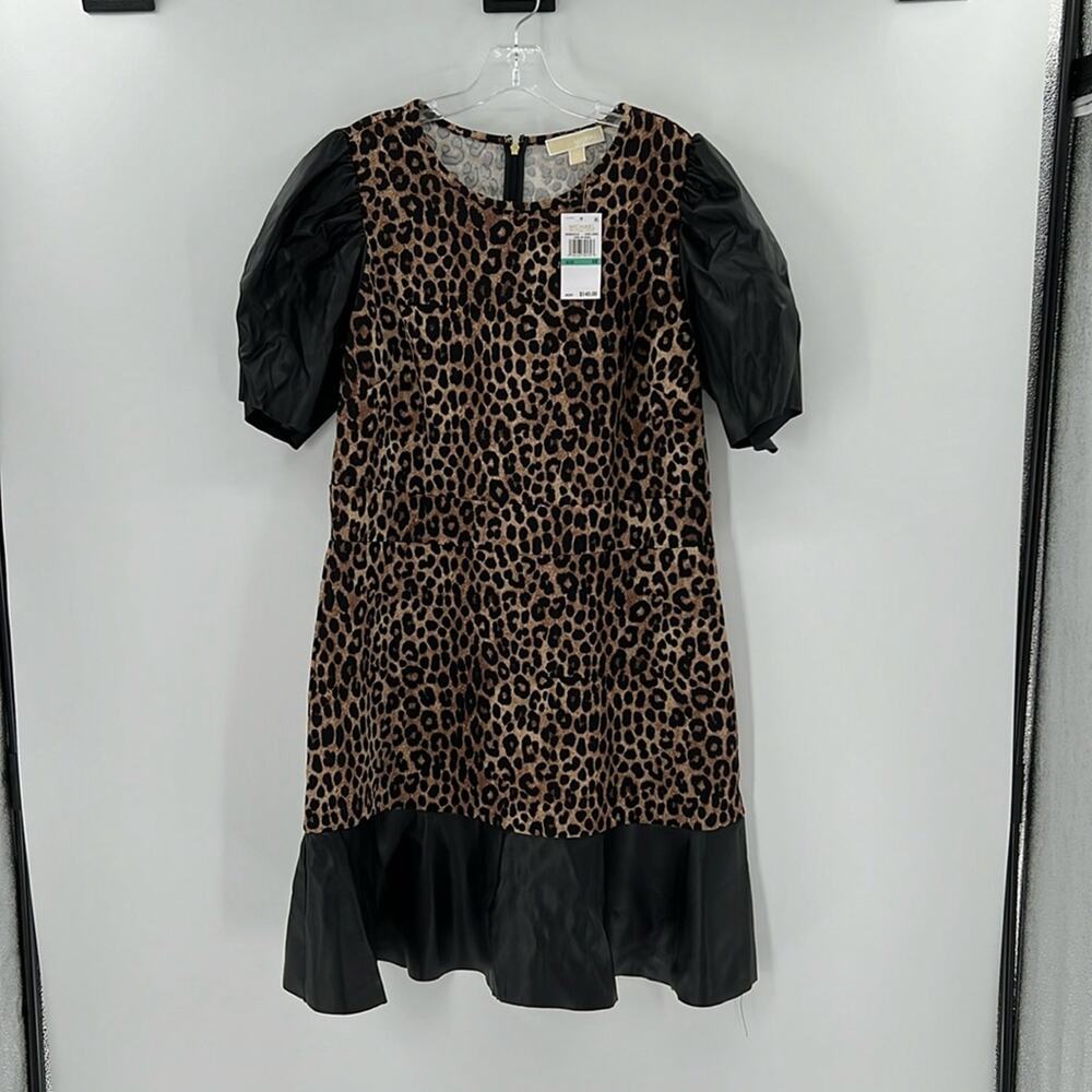 Michael Kors Women's Leopard Print With Faux Leather Dress - 0X - NWT